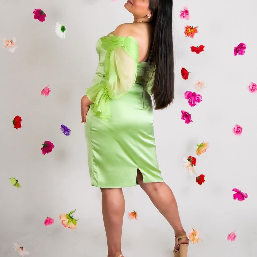 One-Shoulder Lime Green Satin Sheer Sleeve Dress Miss Circle